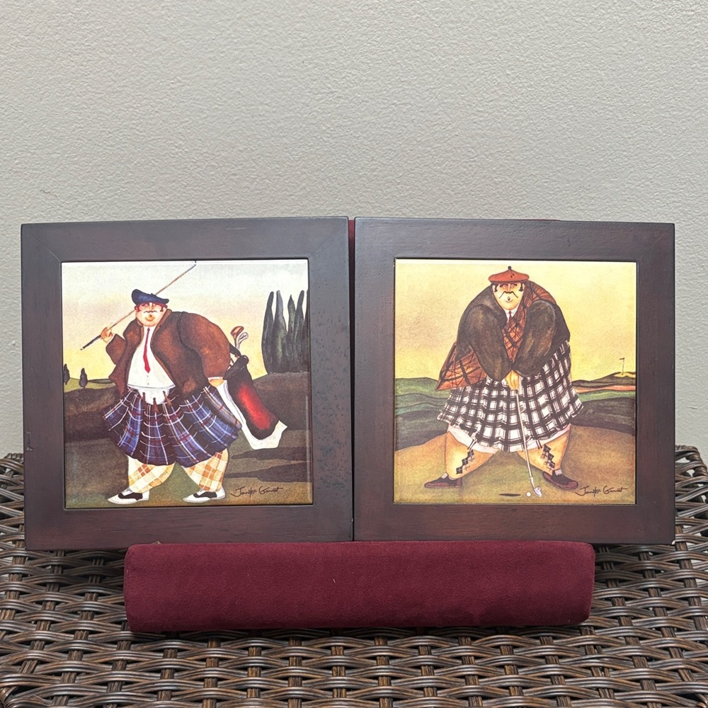 Jennifer Garant Whimsical, “fat” Scottish Golfer Framed Ceramic Tile Set